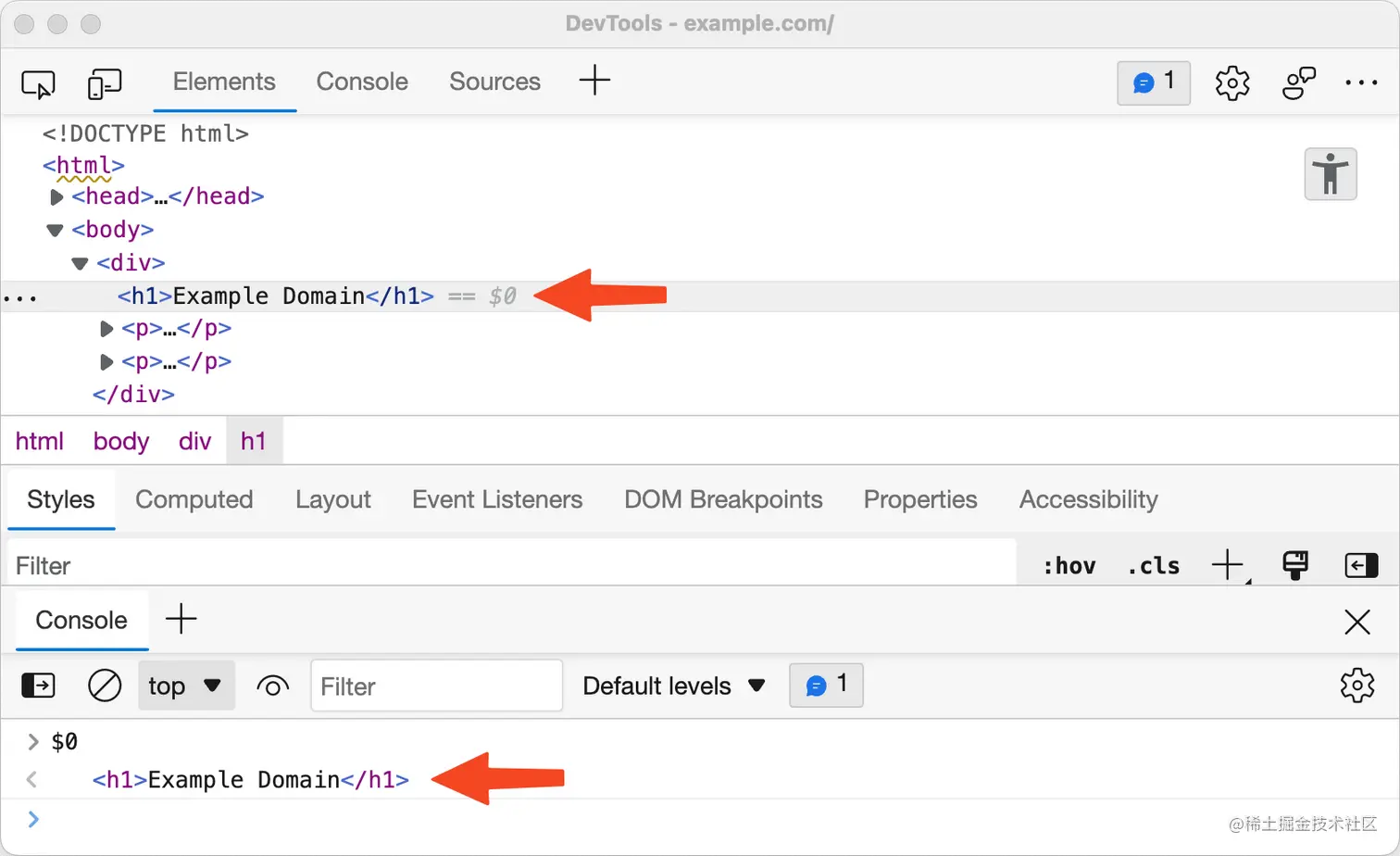 从 Edge DevTools 中的控制台访问的当前选定节点