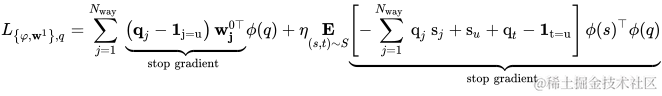 L_{\left{\varphi, \mathbf{w}^{1}\right}, q}=\sum_{j=1}^{N_{\text {way }}} \underbrace{\left(\mathbf{q}{j}-\mathbf{1}{\mathrm{j}=\mathrm{u}}\right) \mathbf{w}{\mathbf{j}}^{0 \top}}{\text {stop gradient }} \phi(q)+\eta \underset{(s, t) \sim S}{\mathbf{E}} \underbrace{\left[-\sum_{j=1}^{N_{\text {way }}} \mathrm{q}{j} \mathrm{~s}{j}+\mathrm{s}{u}+\mathrm{q}{t}-\mathbf{1}{\mathrm{t}=\mathrm{u}}\right] \phi(s)^{\top} \phi(q)}{\text {stop gradient }} \