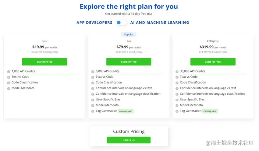Code Detection API pricing table