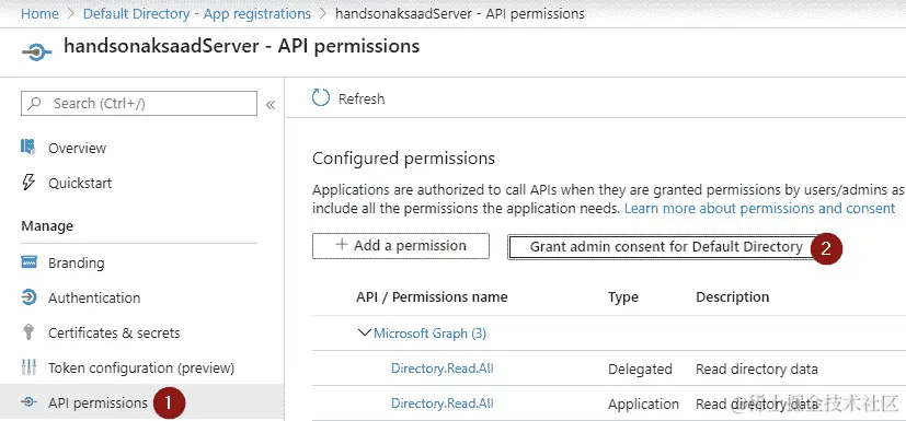 转到左侧菜单中的 API 权限，并点击按钮授予管理员特权。