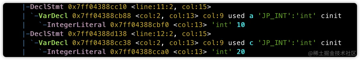 `JP_INT a = 10; JP_INT c = 20;对应语法分析