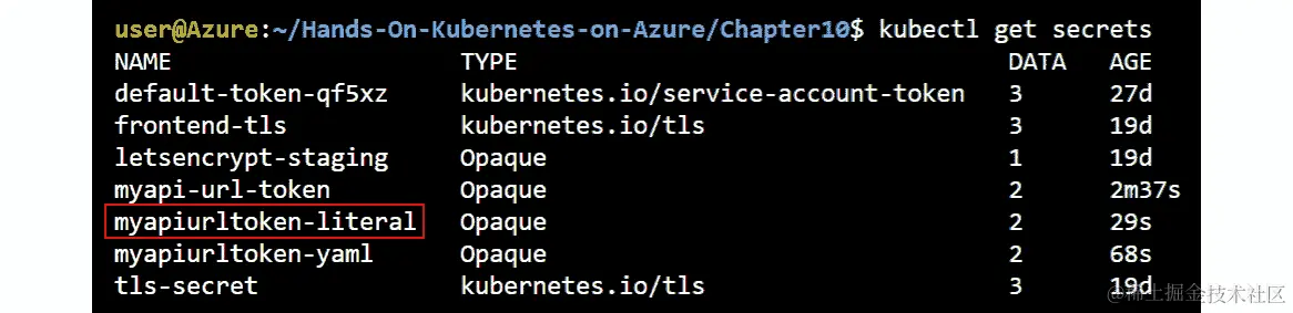 运行 kubectl get secrets 命令的输出，验证我们的秘密是否已成功从 CLI 创建。