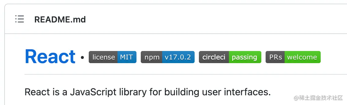 Showing the header of React's repo displaying GitHub badges.