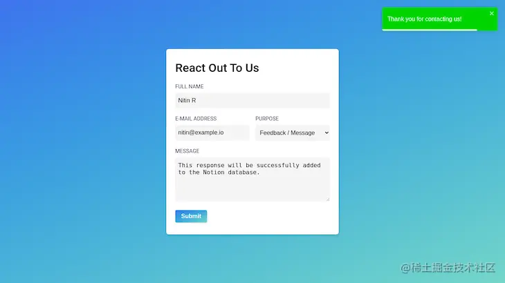 Contact Form Submitted With A Green Confirmation Message