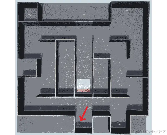 图 9.20：创建的关卡-俯视图与玩家用箭头标记的角色
