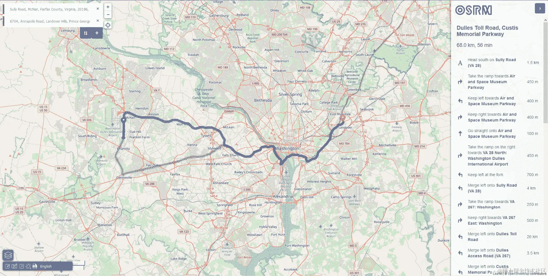 图 5.1：从机场到华盛顿特区办公室的路线（来源：project-osrm.org）
