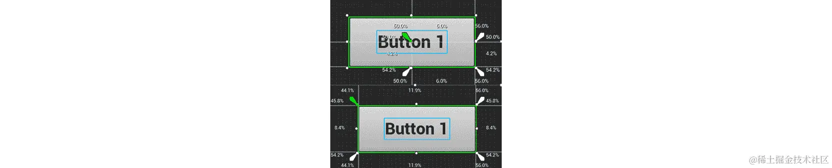 图 8.16：拖动锚点奖章的左上角花瓣更新按钮元素的锚点