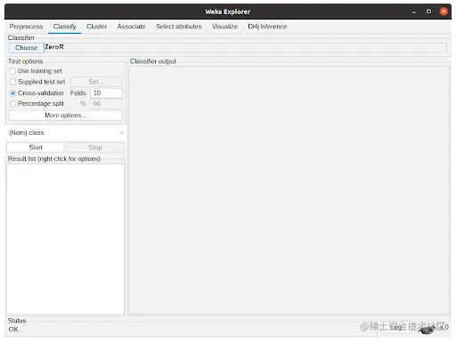  Screenshot of the WEKA Classify tab for the user to configure the Classifiers and their options as well as the testing of the built models.
