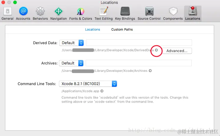 选中 Locations，点击圈中的小箭头，进入到 Derived Data 文件中