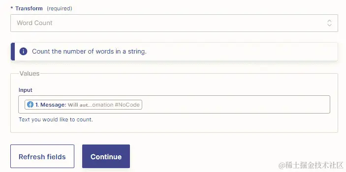 图 16.17 - 使用 Formatter by Zapier 文本动作事件计数文本字符串中的单词数量
