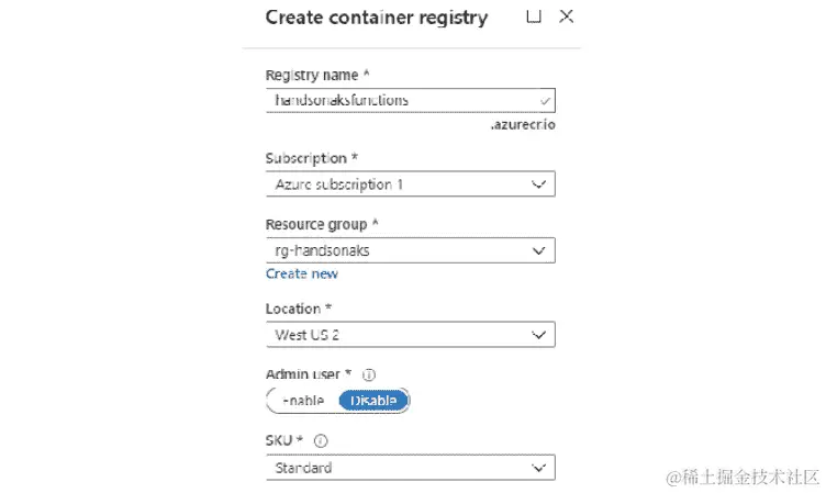 在创建容器注册表窗口中输入注册表名称、订阅、资源组、位置和 SKU 等详细信息。