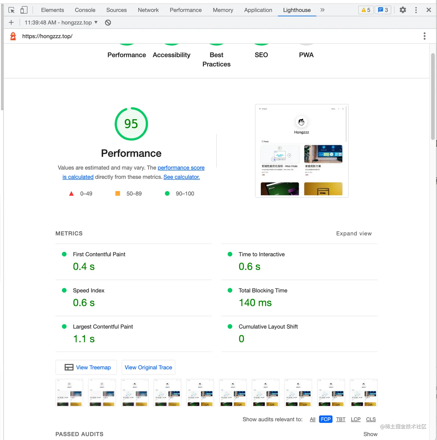 个人博客的LightHouse数据