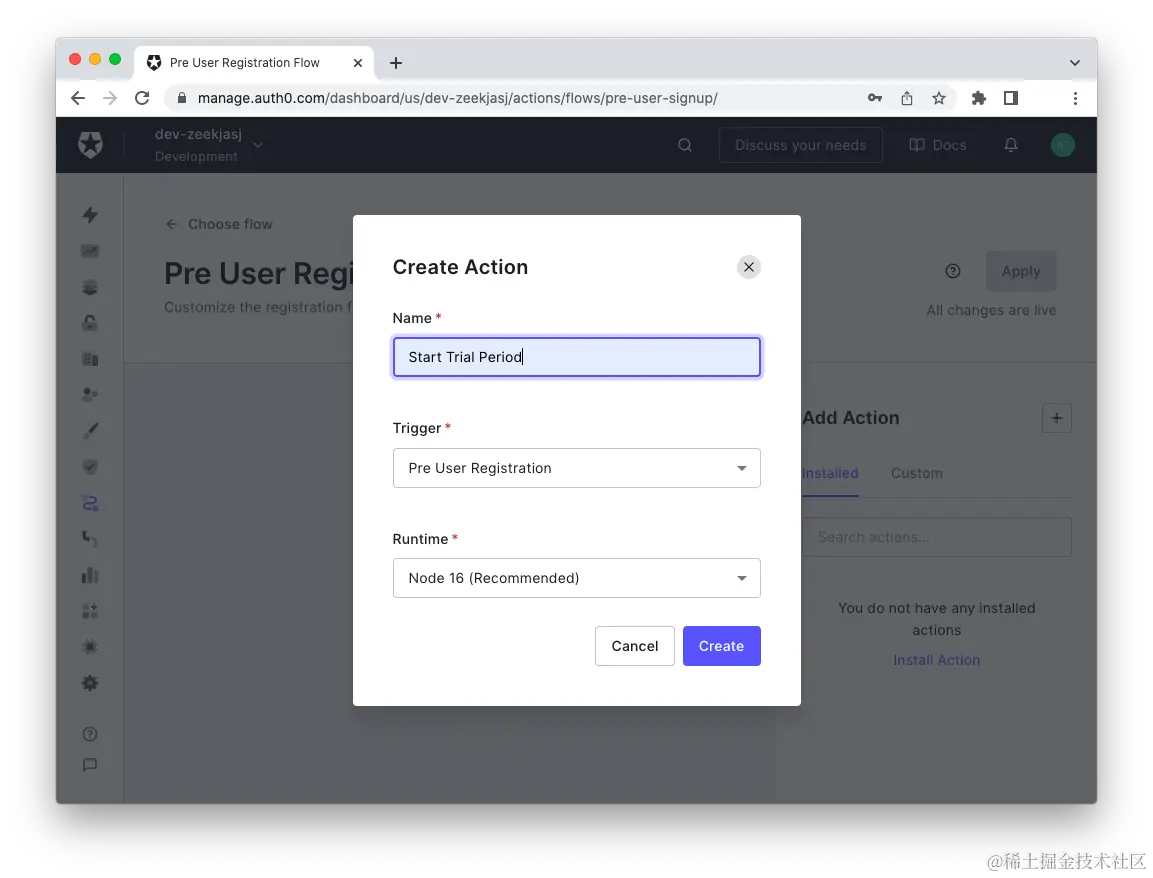 Create Action dialog