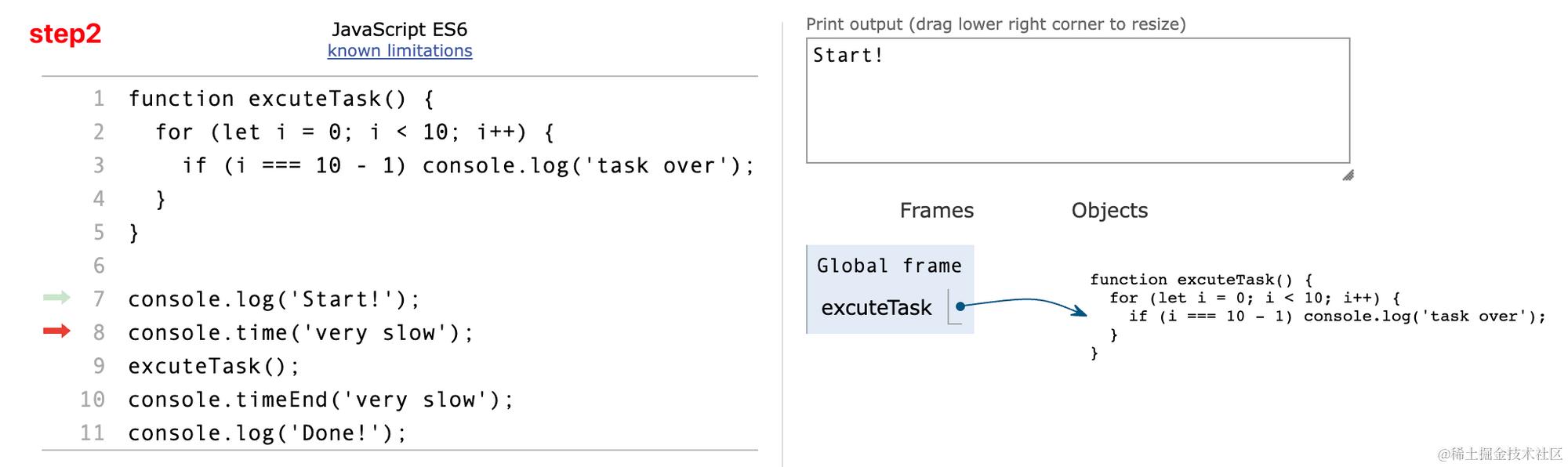 console.log('Start!') 执行后打印出 Start!