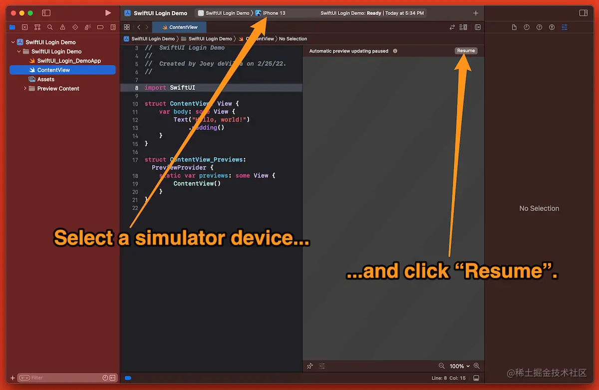 The Xcode window, with instructions to select a simulator device and click the “Resume” button.