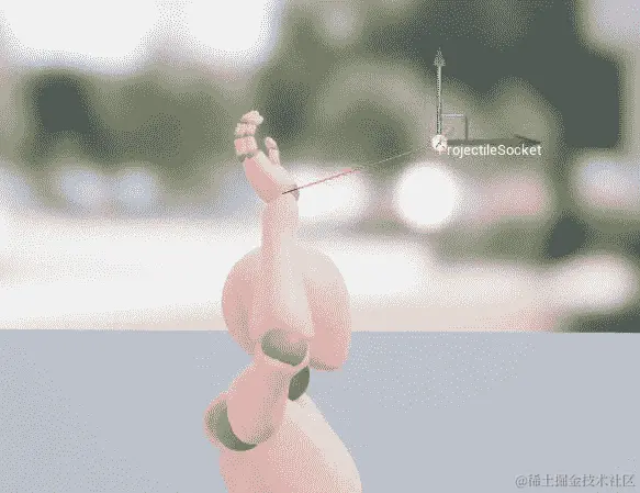 图 14.16：抛射物插座在世界空间中抛出动画的第 22 帧的最终位置。