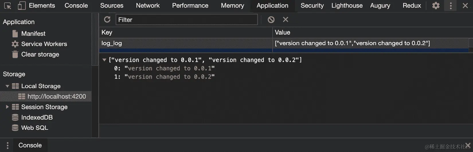 图 3.3 - 日志保存在 http://localhost:4200 的 localStorage 中