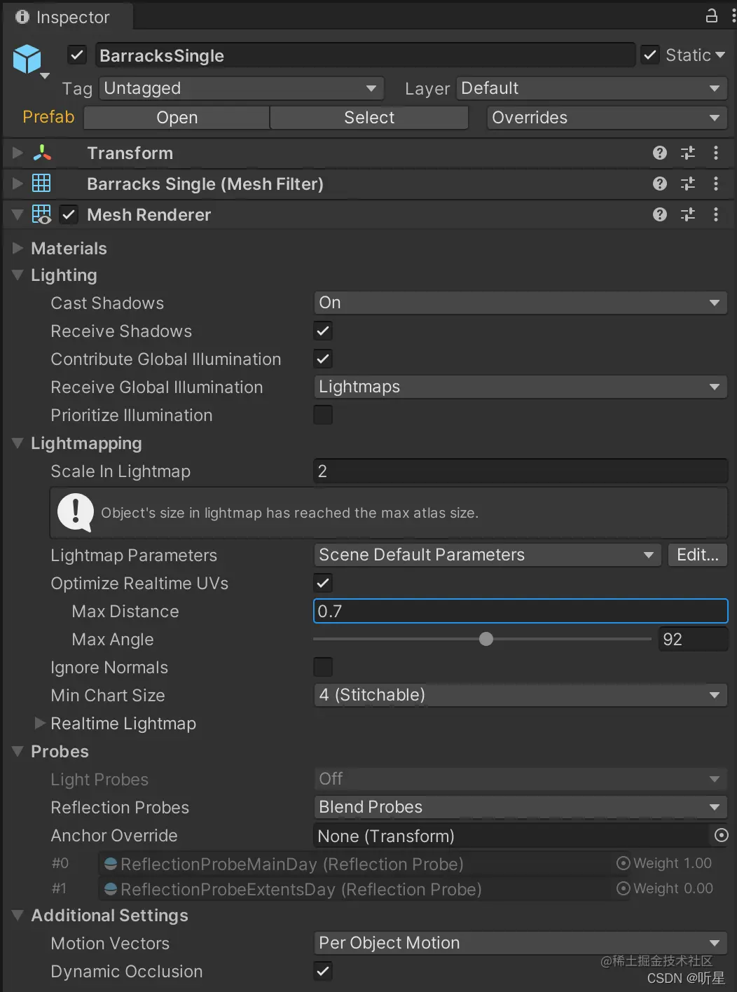 在 Mesh Renderer 组件的 Lightmapping 标题下找到的 Max Distance 设置。