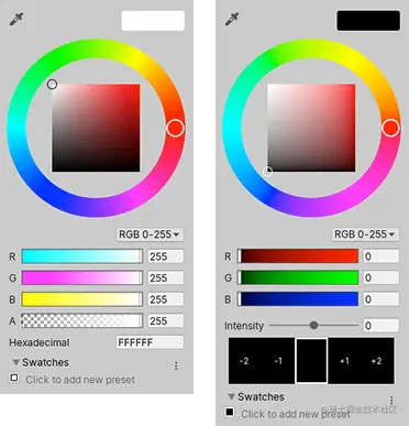 Unity 拾色器窗口（左）和 HDR 拾色器（右）
