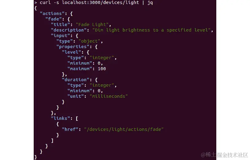 图 4.12：localhost:3000/devices/light 的 cURL 响应