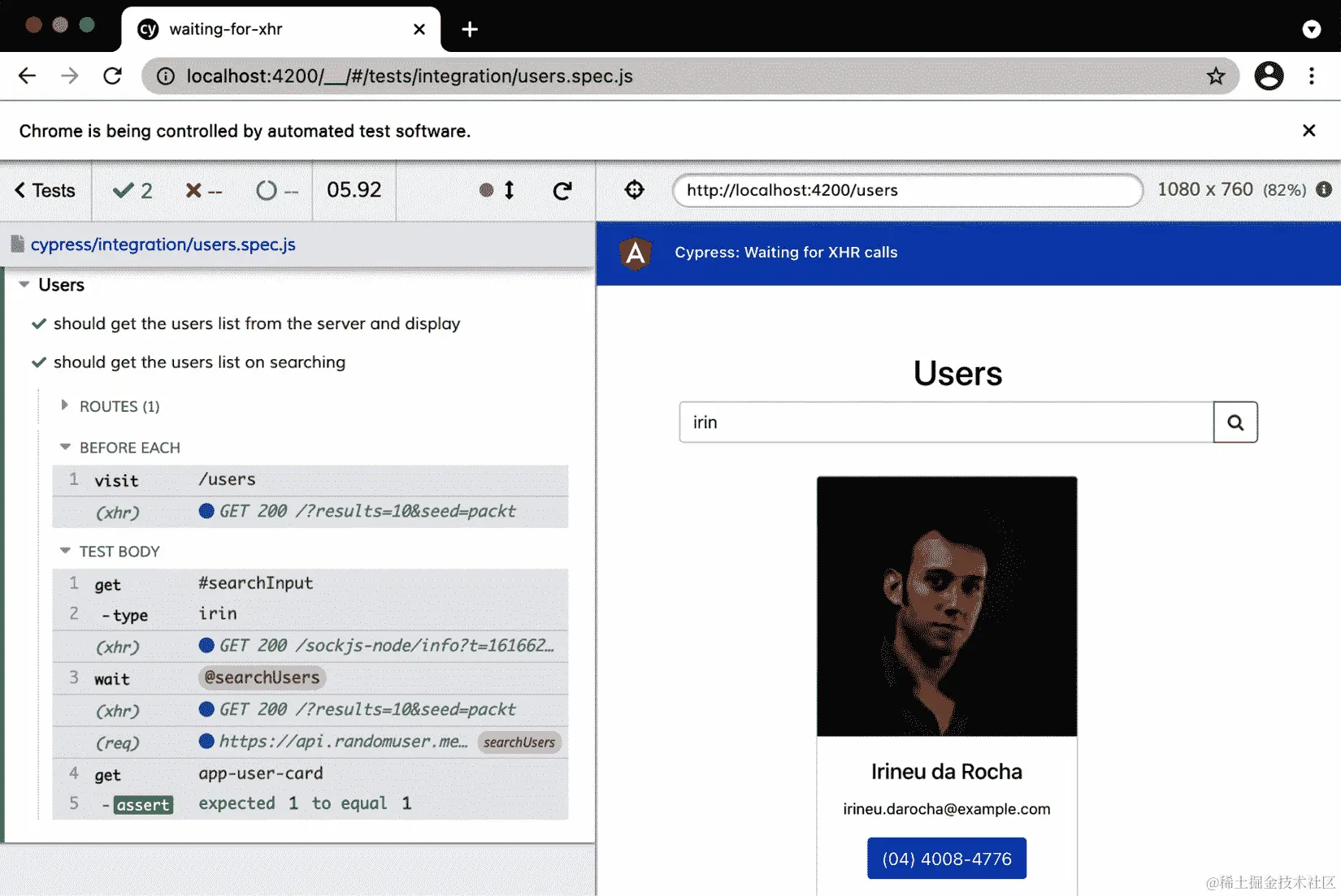 图 11.12 – 测试等待 XHR 调用完成后进行断言