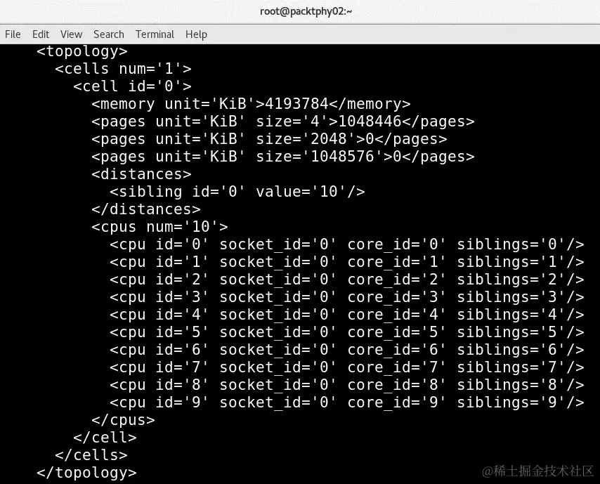 图 15.3 – 具有所有可见物理 CPU 核心的 virsh capabilities 输出