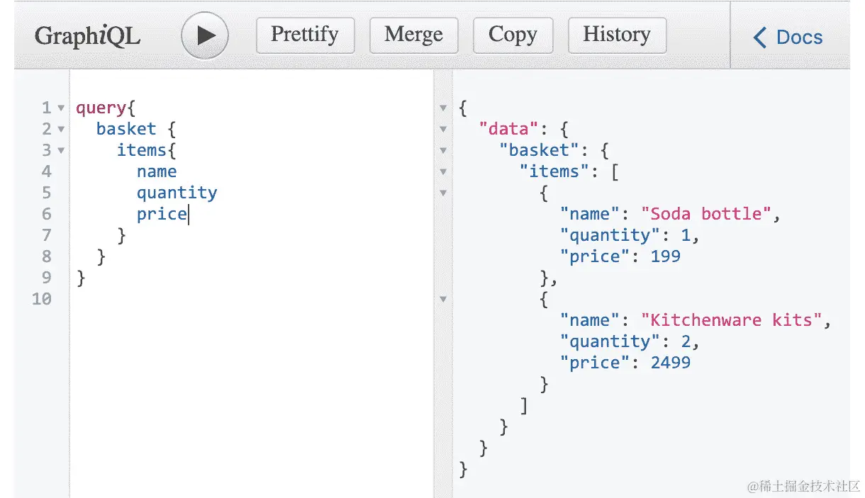 图 10.38：GraphiQL 用户界面和获取完全展开的篮子项目