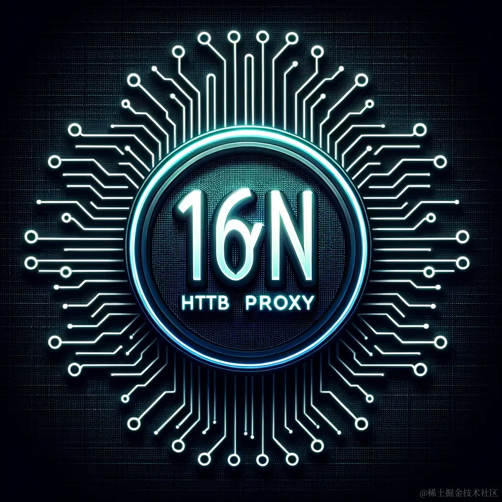 DALL·E 2023-10-11 15.21.20 - Illustration on a dark, repetitive texture background showcasing a luminous badge shape with '16YUN HTTP Proxy' written on it. Around the badge, patte.png