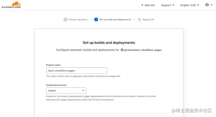 Screenshot of Cloudflare pages set up builds and deployments tab