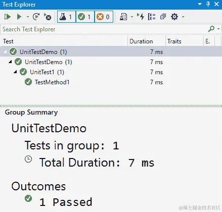 图 17.2 - Visual Studio 中的 Test Explorer 显示了从所选模板创建的空单元测试的执行结果。