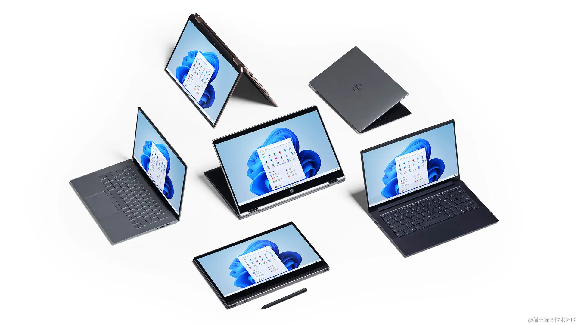 6 台 Windows 11 电脑排列在一起