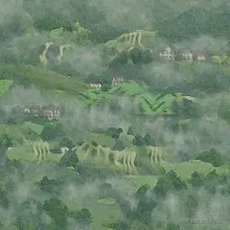 “mist over green hills” 生成的图片：雾气朦胧的青山