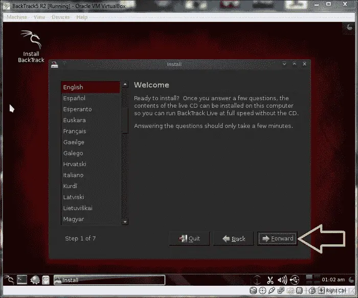 在 Oracle VM Virtual Box 上安装 BackTrack5 R2