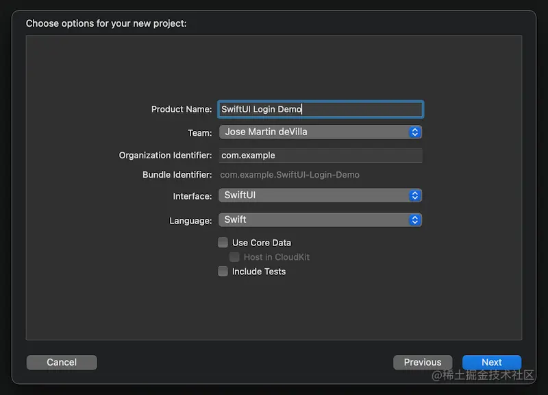 Xcode’s “Choose options for your new project” dialog, with the  “Product Name” field filled with “SwiftUI Login Demo”.