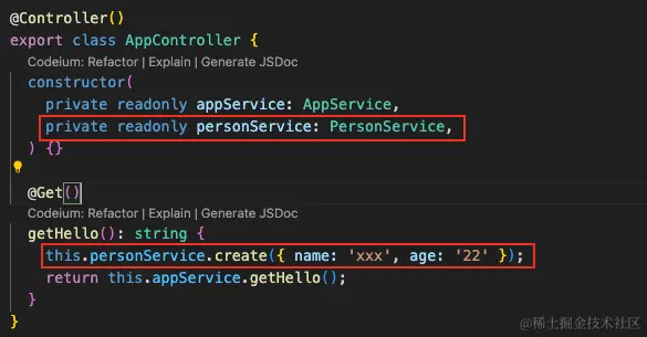 3-5 nest 中使用装饰器,AppController 中使用 PersonService 的方法