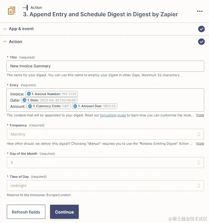 图 9.13 – 自定义每月频率字段选项概述在追加条目和安排摘要操作事件中