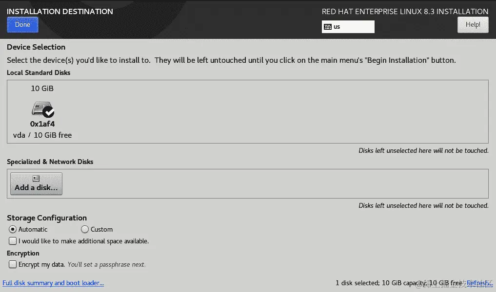 图 1.34 – RHEL8 安装 – 安装目标菜单，选择自动分区