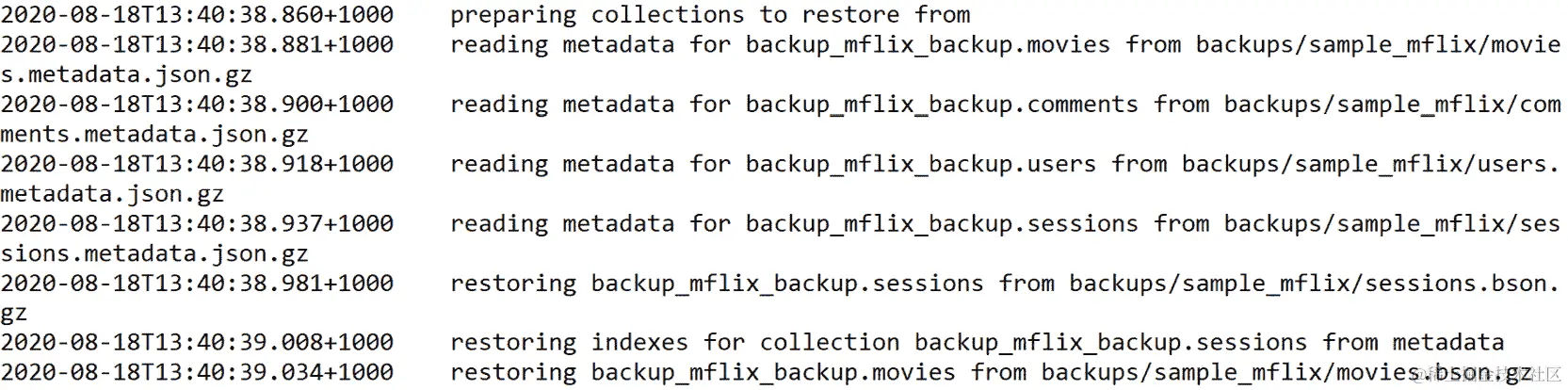 图 11.7：mongorestore 命令的输出开始