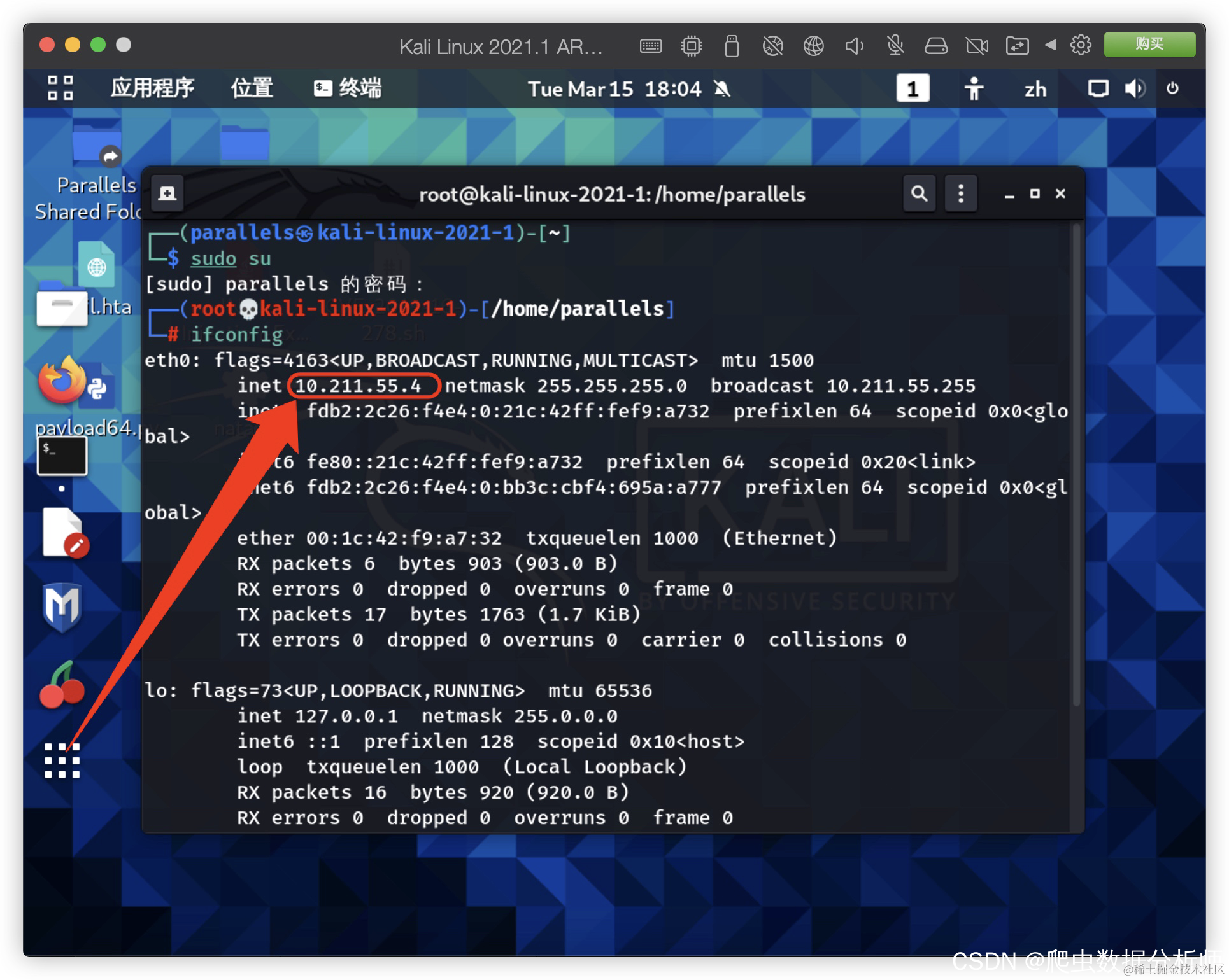 kali的ip:10.211.55.4