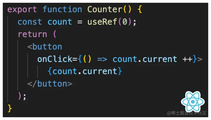 Screenshot of a code example of a counter component with useRef in React.
