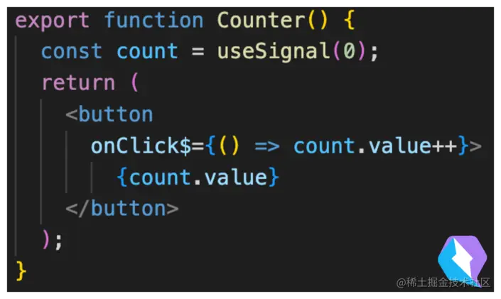 Screenshot of a code example of a counter component in Qwik.