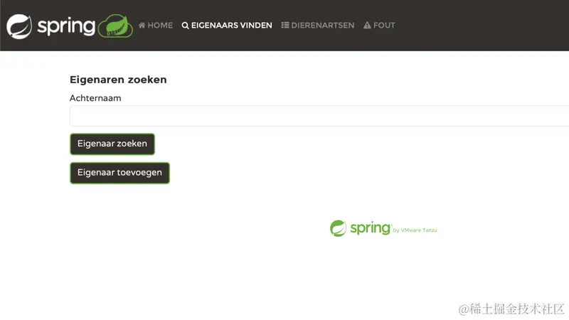 Spring Petclinic Find Owners page in Dutch