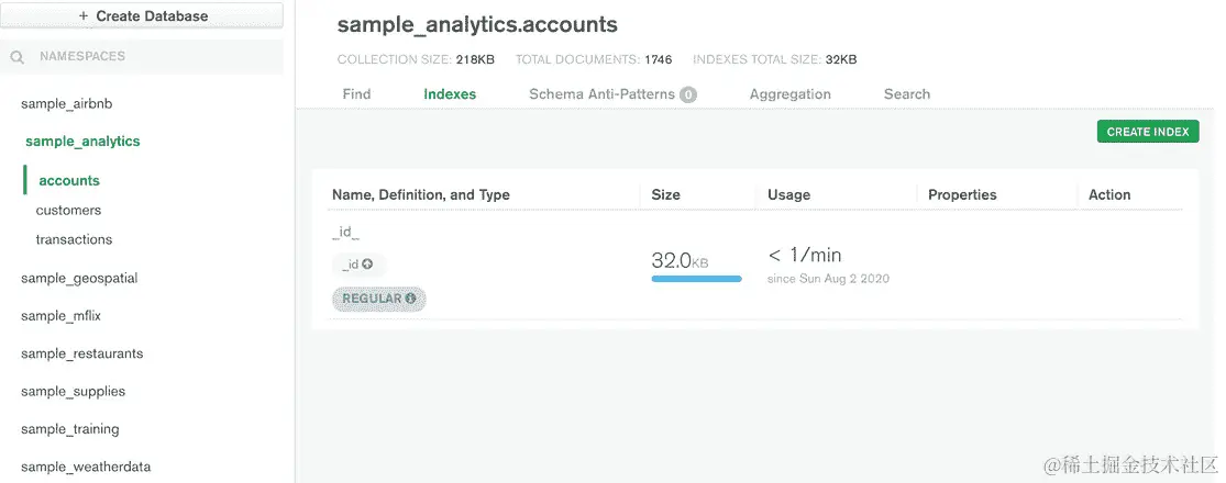 图 9.4：sample_analytics数据库中accounts集合中的索引选项卡