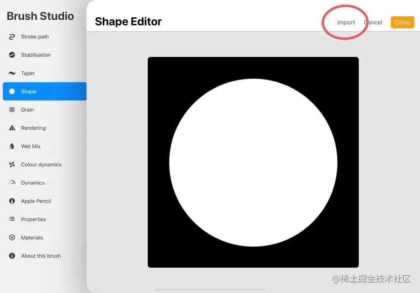 screenshot of the Procreate brush studio with import circled in red