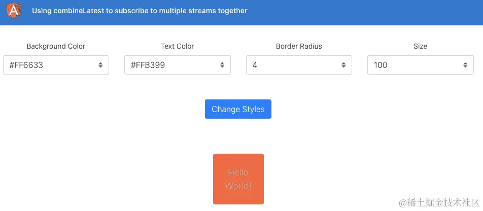 图 5.11 - 使用 combinelatest-operator 应用程序在 http://localhost:4200 上运行