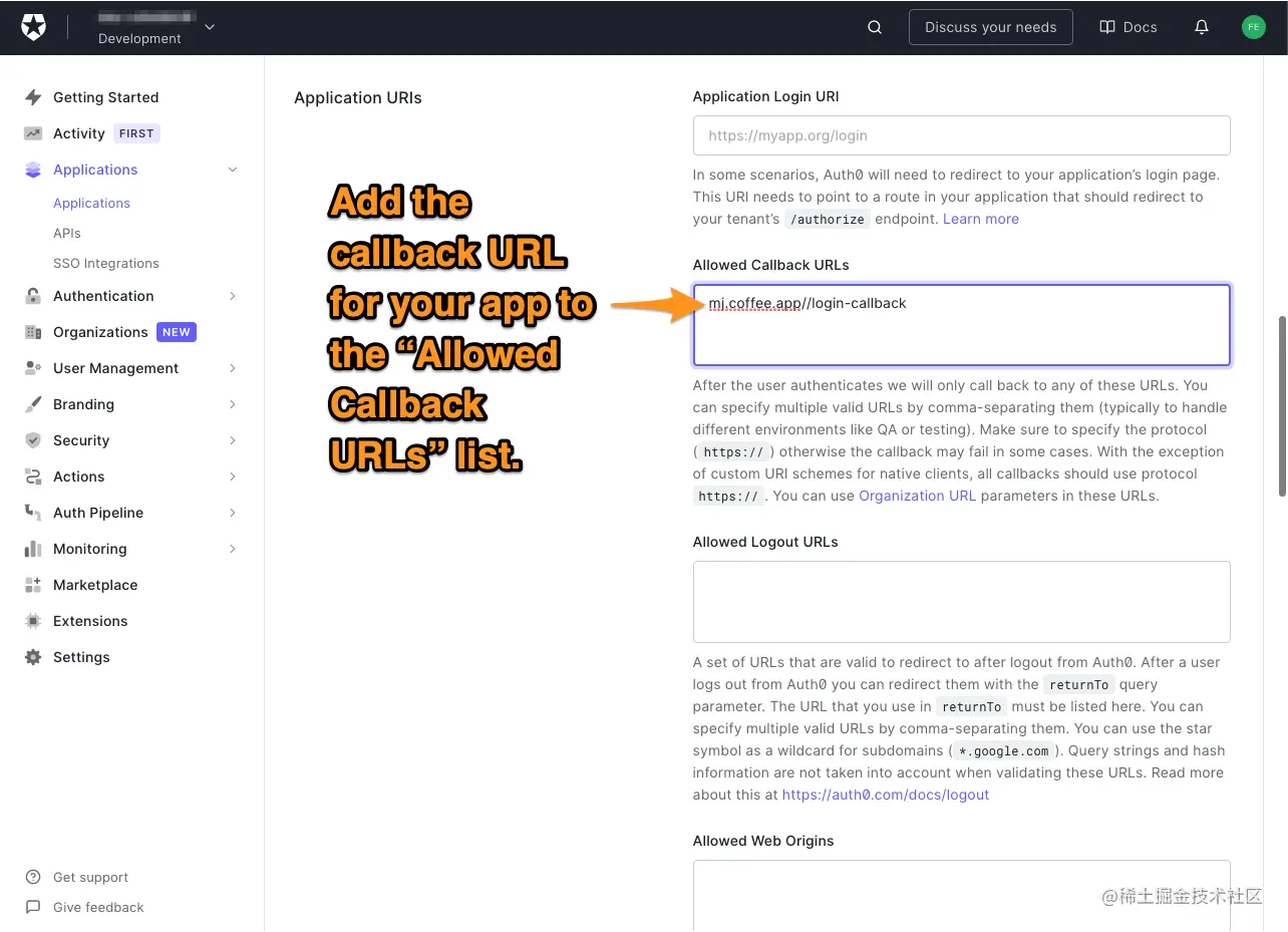 The “Quick Start” tab for the “MJ Coffee” application in the Auth0 dashboard. The user is directed to add the callback URL for the app to the “Allowed Callback URLs” list.