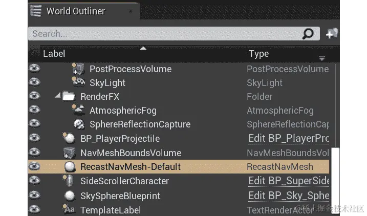图 13.4：从世界大纲器选项卡中看到的 RecastNavMesh actor