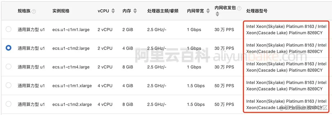 Intel Xeon Platinum 8163（Skylake）或者8269CY（Cascade Lake）