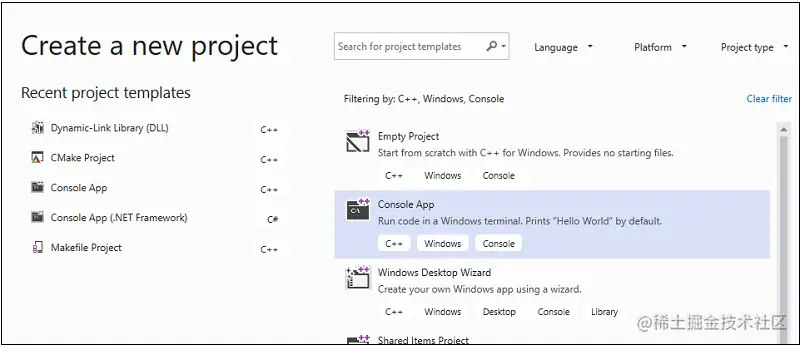 Screenshot of the Create a new project dialog box with the Console App option highlighted.
