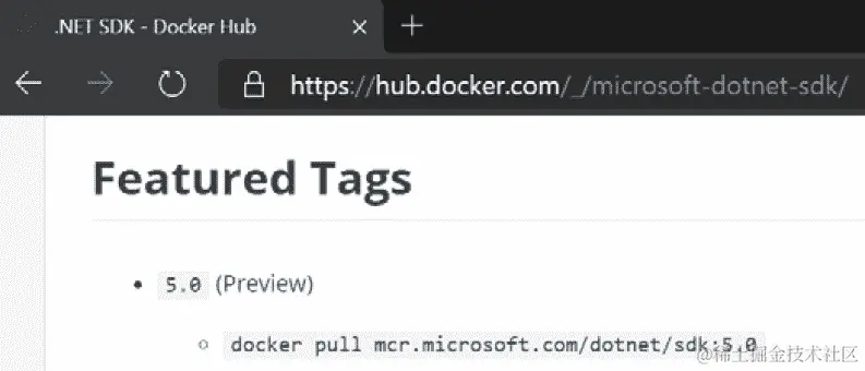 图 8.3 - Docker Hub 上显示.NET 5.0 SDK 镜像标签的截图